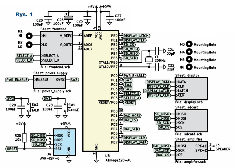 Rys.1 Schemat układu woltomierza - Mikrokontroler ATmega328P z blokami funkcyjnymi