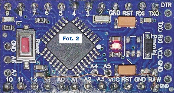 Fot.2 Płytka Arduino Pro Mini po modyfikacji