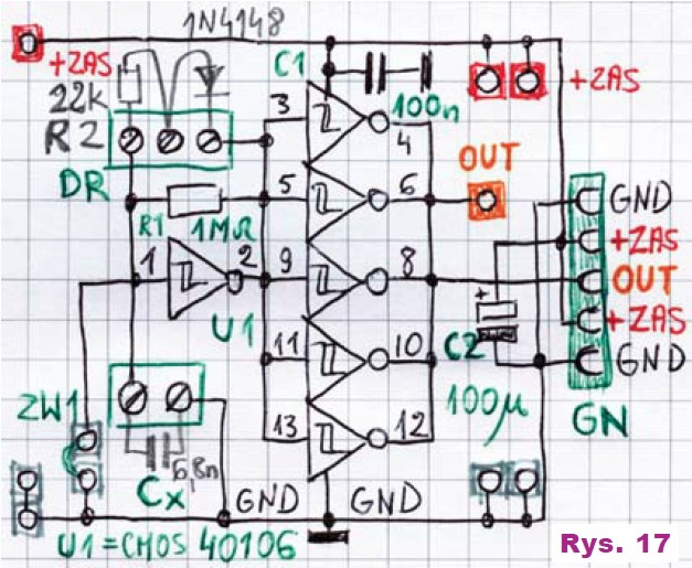 Rys.17 Uniwersalny moduł generatora z kostką CMOS40106-schemat