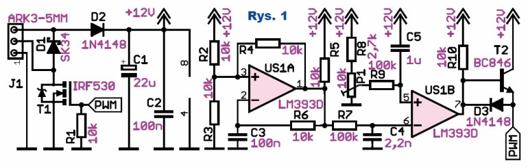 Rys.1 Zmniejszenie mocy dostarczanej do odbiornika zasilanego napięciem stałym o wartości 12V - schemat układu