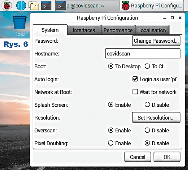 Rys.6 Włączenie obsługi interfejsów i kamery w RaspberryPI (krok 1)