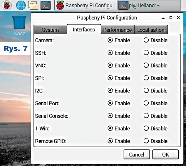 Rys.7 Włączenie obsługi interfejsów i kamery w RaspberryPI (krok 2)