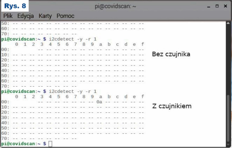 Rys.8 Skanowanie wszystkich adresów na wybranej magistrali I2C - przed i po podłączeniu czujnika