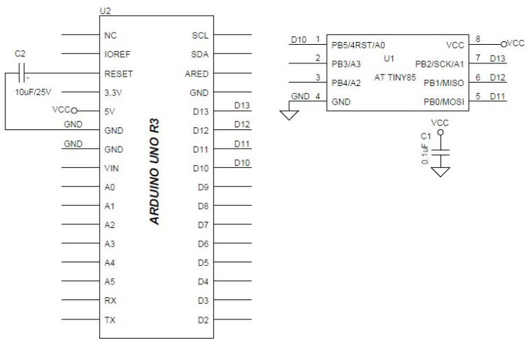 Schemat elektryczny programatora ATtiny85 do Arduino UNO