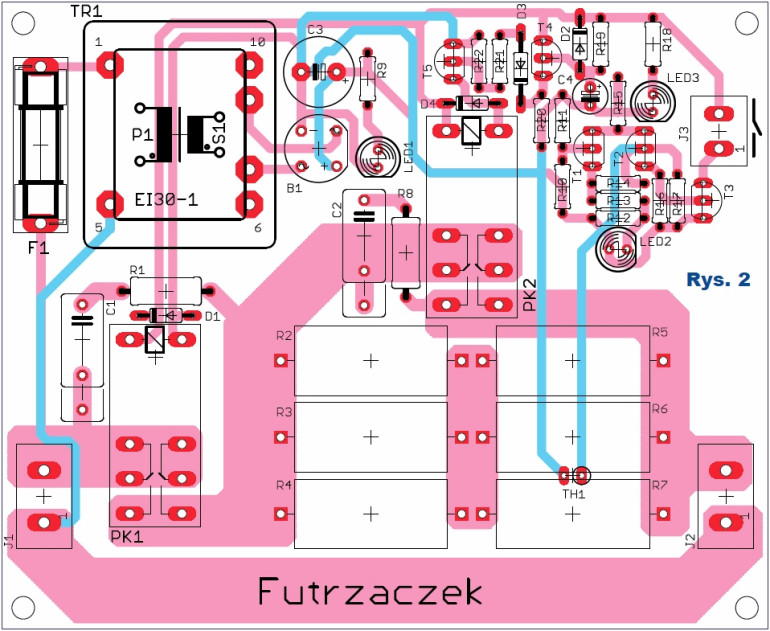 Rys.2 Prototypowy układ softstartu - wzór ścieżek i schemat montażowy