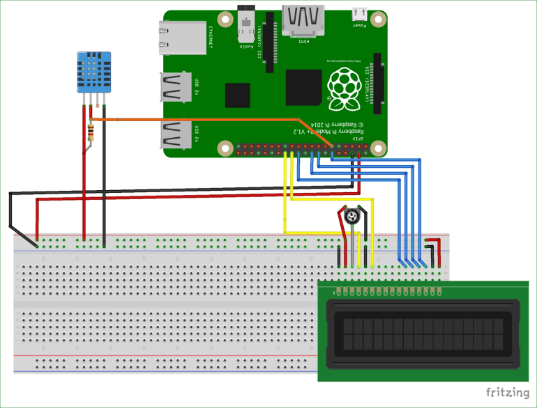 Schemat połączeń czujnika i wyświetlacza z Raspberry Pi