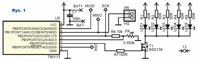 Rys.1 Schemat automatycznej lampki opartej na mikrokontrolerze ATtiny13