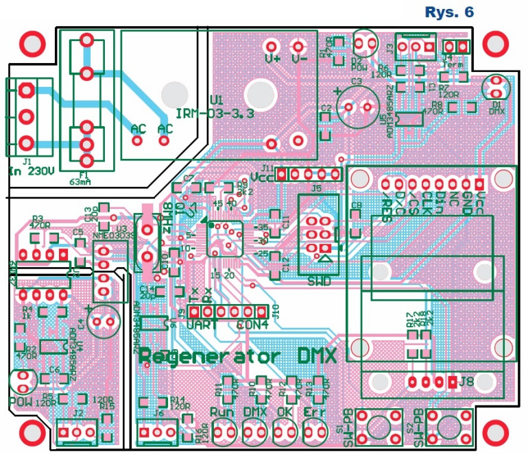Rys.6 Projekt płytki drukowanej - regenerator sygnału DMX