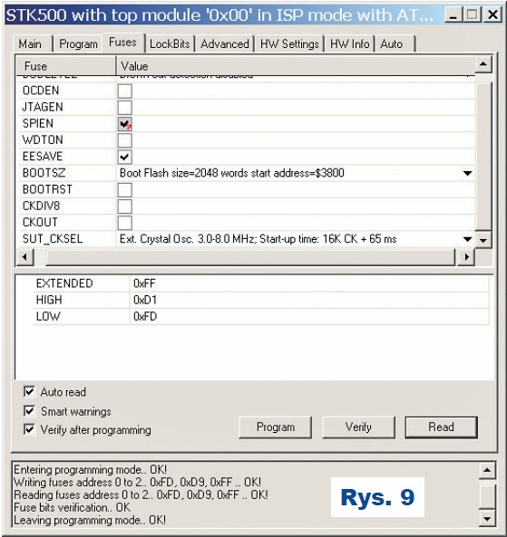 Rys.9 Ustawienie bitów konfiguracyjnych mikrokontrolera - AVR STUDIO 4