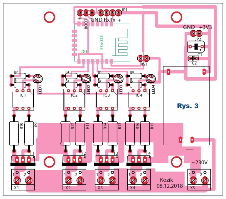 Rys.3 Projekt jednowarstwowej płytki PCB - przedłużacz Wi-Fi