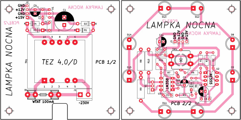 Rys.3 Płytki PCB wykorzystane do zrealizowania układu elektronicznego lampki nocnej