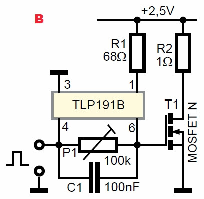 Rys.B układ pozwalający w pełni otworzyć tranzystor MOSFET impulsem napięcia o niedużej wartości, mniejszej niż napięcie progowe UGSth