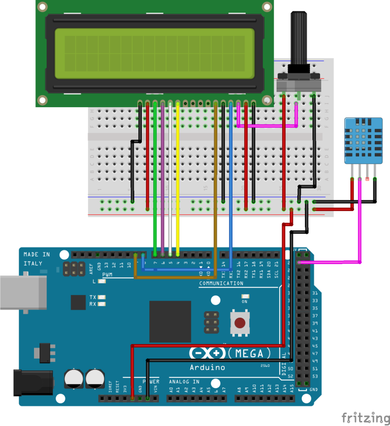 Schemat podłączenia LCD i czujnika DHT11