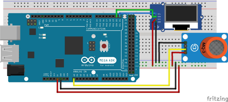 Schemat podłączenia wyświetlacza i czujnika do Arduino