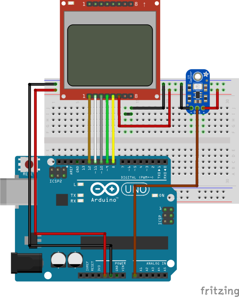 Schemat połączeń czujnika UV i wyświetlacza z Arduino