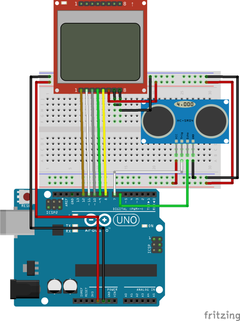 Schemat połączenia Arduino z LCD i czujnikiem odległości