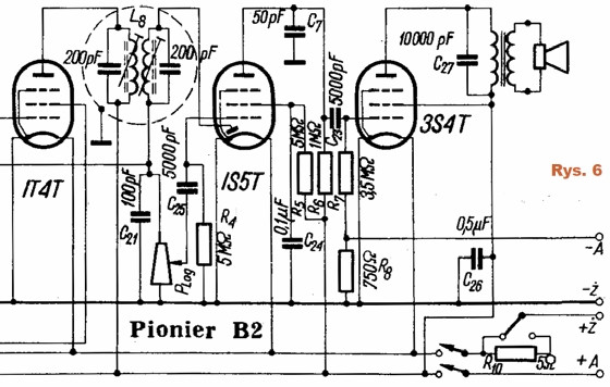 Rys.6 Kluczowe fragmenty schematu bateryjnej wersji radia Pionier
