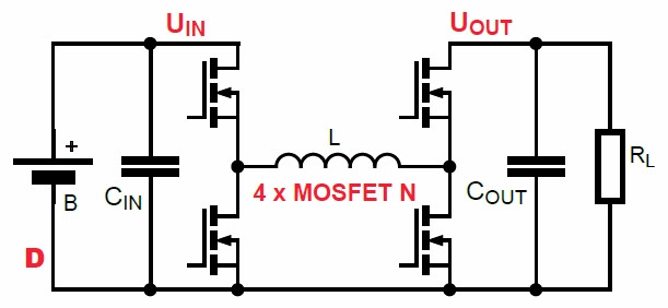 Rys.D Cztery MOSFET-y stosowane w klasycznych przetwornicach buck-boost