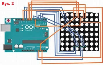 Rys.2 Dołączenie matrycy jednakowych punktów LED wprost do pinów Arduino