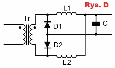 Rys.D Układ podwajacza prądu nie nadający się do transformatorów sieciowych 50Hz
