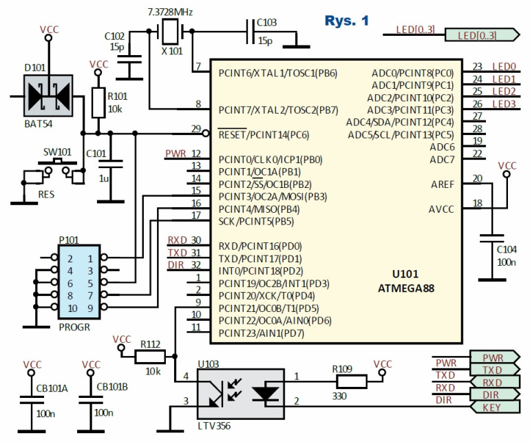 Rys.1 Jednostka centralna bazująca na mikrokontrolerze ATmega88 - schemat