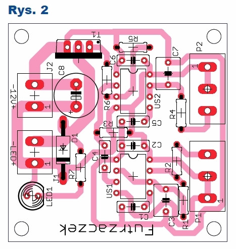 Rys.2 Sterownik taśmy LED (stroboskop) - wzór ścieżek i schemat montażowy