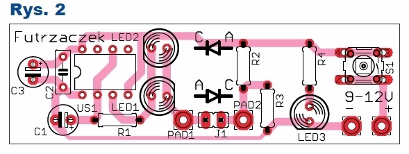 Rys.2 Płytka ze wzorem ścieżek oraz schematem montażowym - tester diod LED