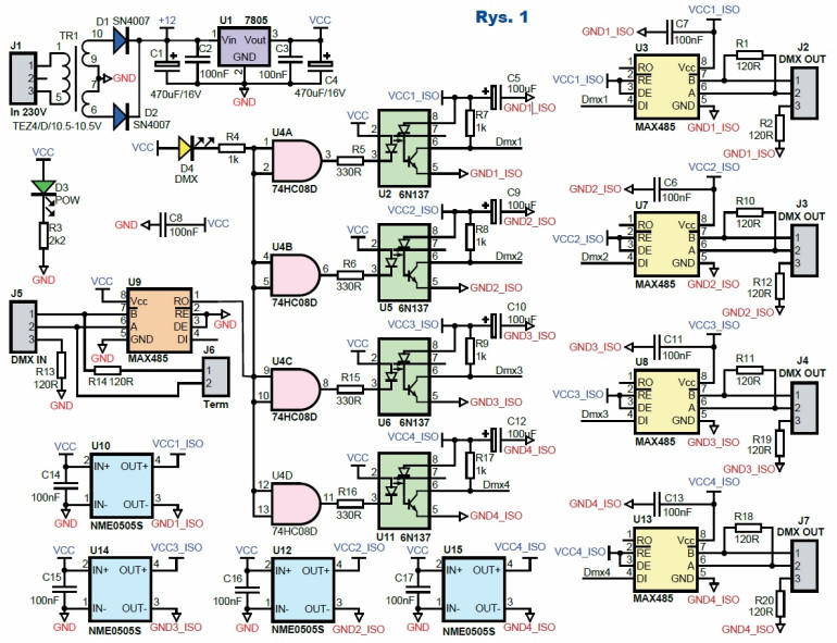 Rys.1 Schemat ideowy - splitter RS-485 (DMX) z izolacją galwaniczną