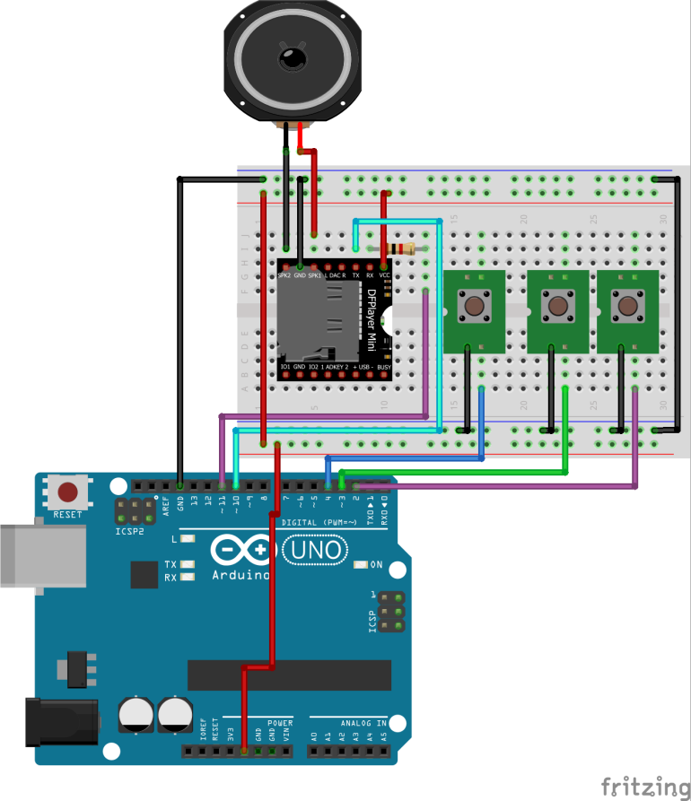 Schemat połączeń DFPlayer Mini z Arduino