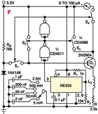 Rys.F Schemat miernika cewek - rozwiązanie z generatorem 555 i kluczami CMOS 4066