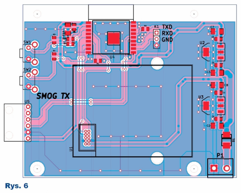 Rys.6 Schemat płytki do montażu - SMOG TX (czujnik  IoT)