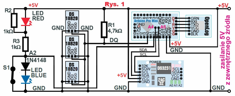 Rys.1 Schemat rejestratora (kwadratowy chiński klon Arduino Pro Mini)