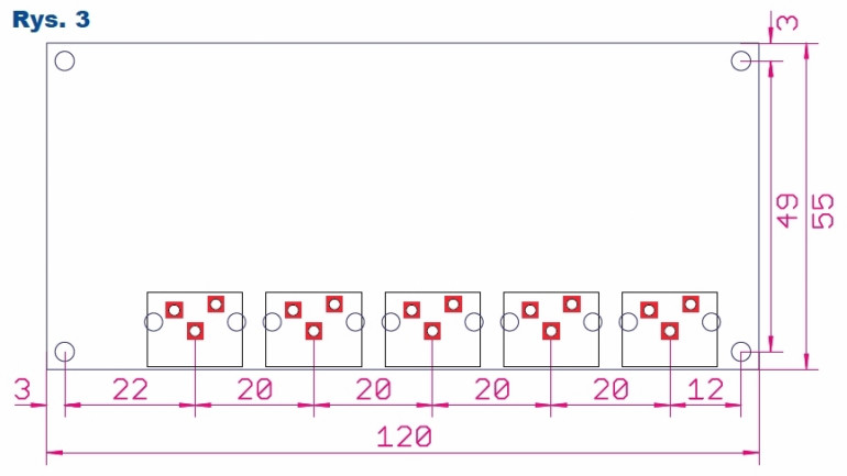 Rys.3 Selektor wejść audio - rozmieszczenie złączy RCA oraz otworów montażowych