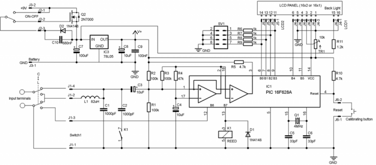 Schemat elektryczny układu miernika LC - po zmianach zasilania