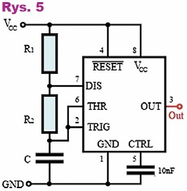 Rys.5 Układ podłączony w klasycznej konfiguracji multiwibratora astabilnego