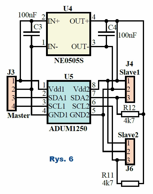 Rys.6 Druga wersja izolatora jest oparta na izolatorze ADUM1250 - schemat