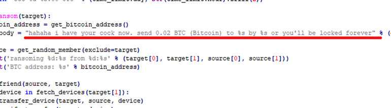 Komunikat złośliwego oprogramowania - po polsku: Hahaha, przejęto Twojego penisa. Prześlij 0,02 BTC (Bitcoina) do %s przez %s lub zostaniesz uwięziony na zawsze.
