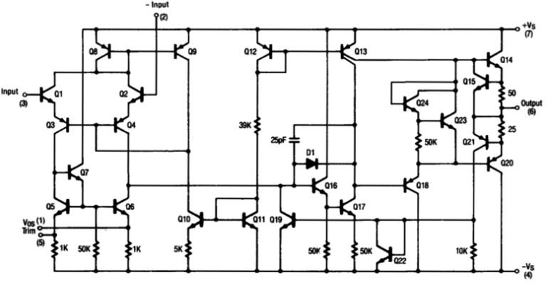 Schemat elektryczny wzmacniacza operacyjnego µA741