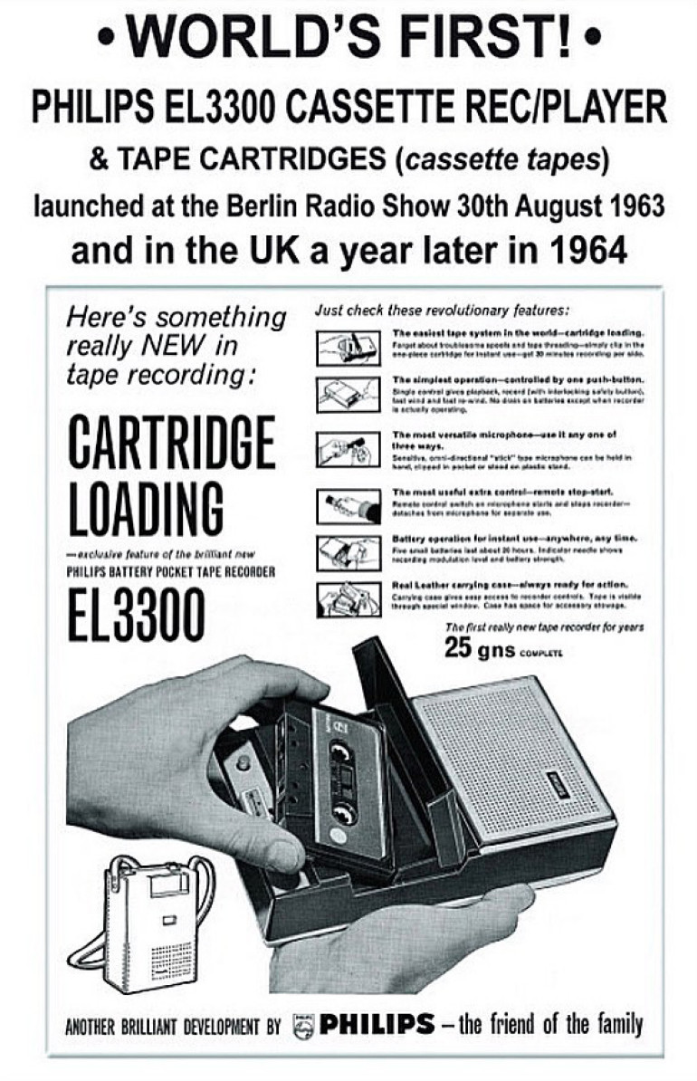 Reklama formatu Compact Cassette i odtwarzacza EL 3300 firmy Philips go obsługującego, którą przygotowano na potrzeby Niemieckiej Wystawy Radiowej w Berlinie