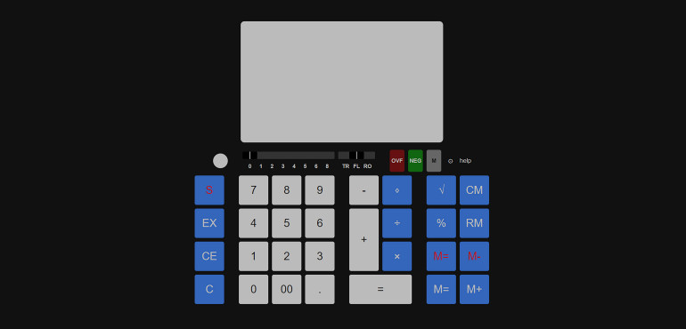 Widok główny emulatora kalkulatora 141-PF firmy Busicom