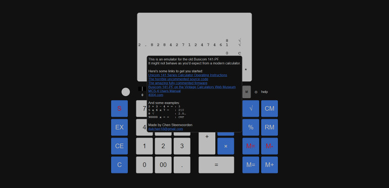 Okienko pomocy emulatora kalkulatora 141-PF firmy Busicom wraz z użytecznymi źródłami