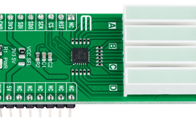 Nieduży moduł wskaźnika BarGraph 4 Click firmy MikroElektronika zawierający cztery segmenty LED