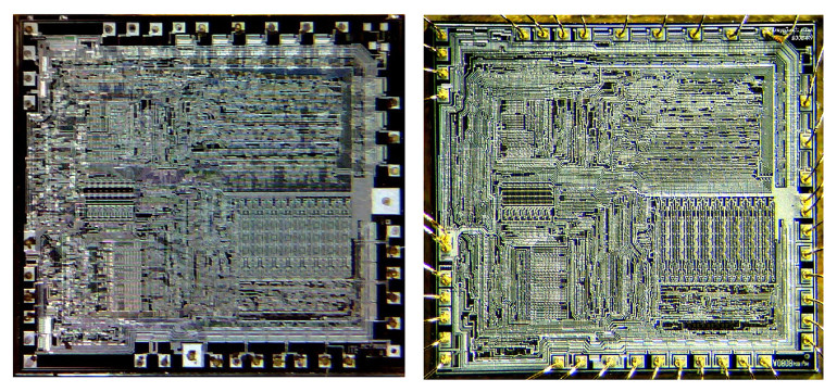 Struktura krzemowa układu MCY7880 (po lewej stronie) oraz mikroprocesora Intel 8080 (po prawej stronie)