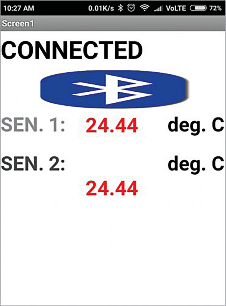 Rysunek 2. Zrzut ekranu z danymi temperatury obserwowanymi na smartfonie dla projektu monitorowania danych z wielu czujników