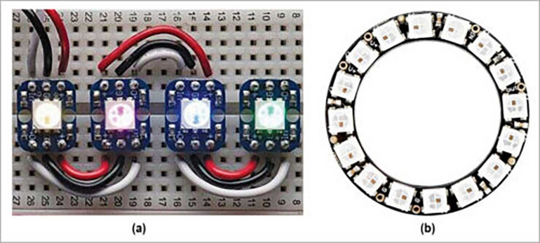 Fotografia 1. Dwa rodzaje łańcuchów NeoPixel LED: (a) typ matrycowy, (b) typ pierścieniowy
