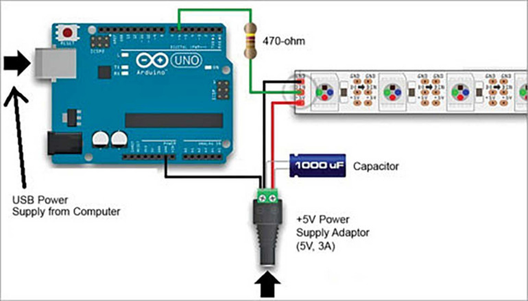 Rysunek 4. Schemat podłączenia adresowalnych diod NeoPixel za pomocą Arduino