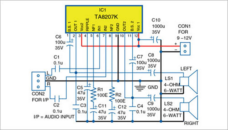 Rysunek 1. Schemat ideowy stereofonicznego wzmacniacza audio