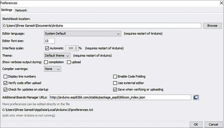 Rysunek 8. Dodanie pliku package_esp8266com_index.json w Arduino IDE