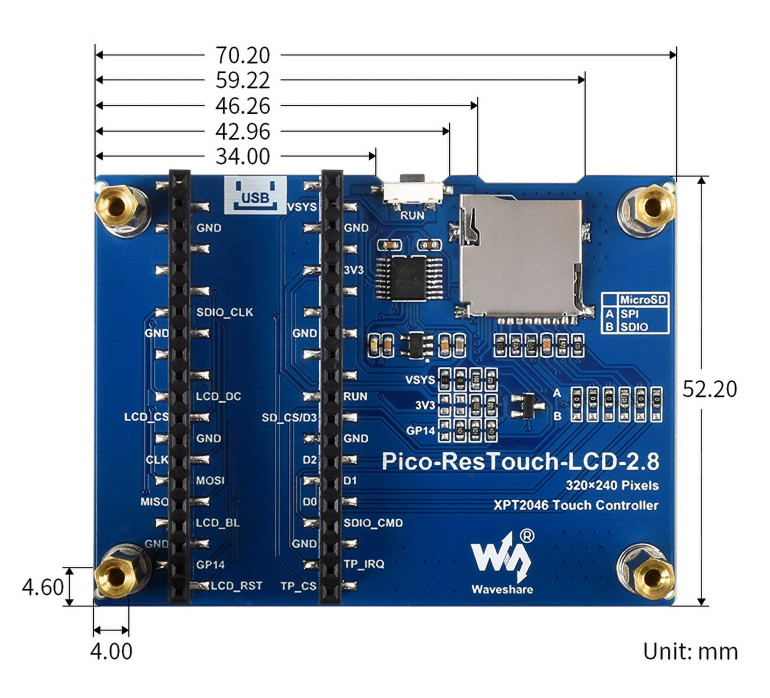 Schemat wymiarowy Pico-ResTouch-LCD-2.8