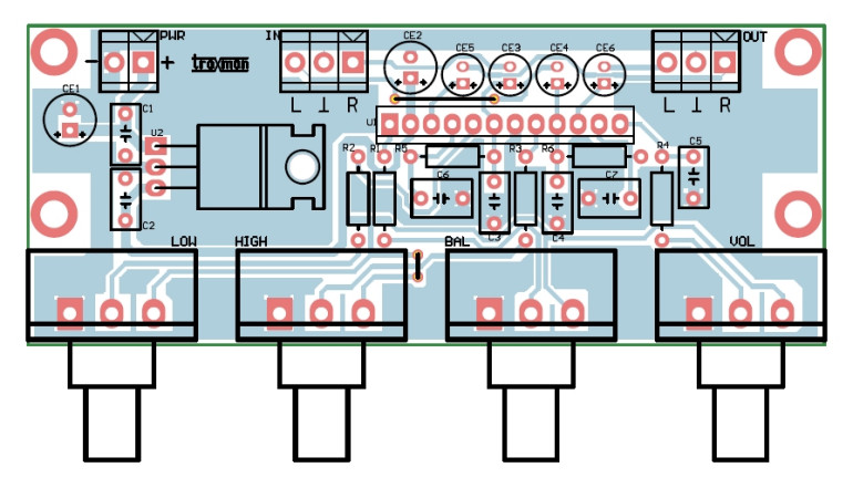 Rys.3 Schemat płytki PCB - przedwzmacniacz stereo z regulacją barwy dźwięku